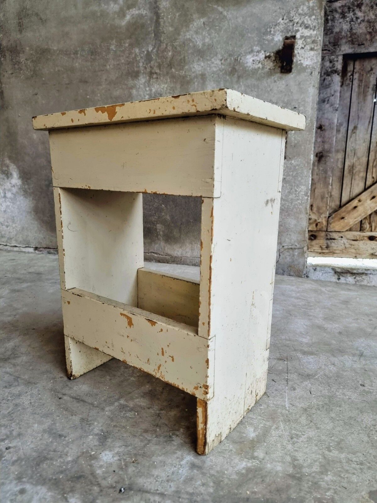 Vintage wooden stool side table creamy white