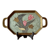 Small vintage brass tray with cloisonné enamel floral decoration - 1960.