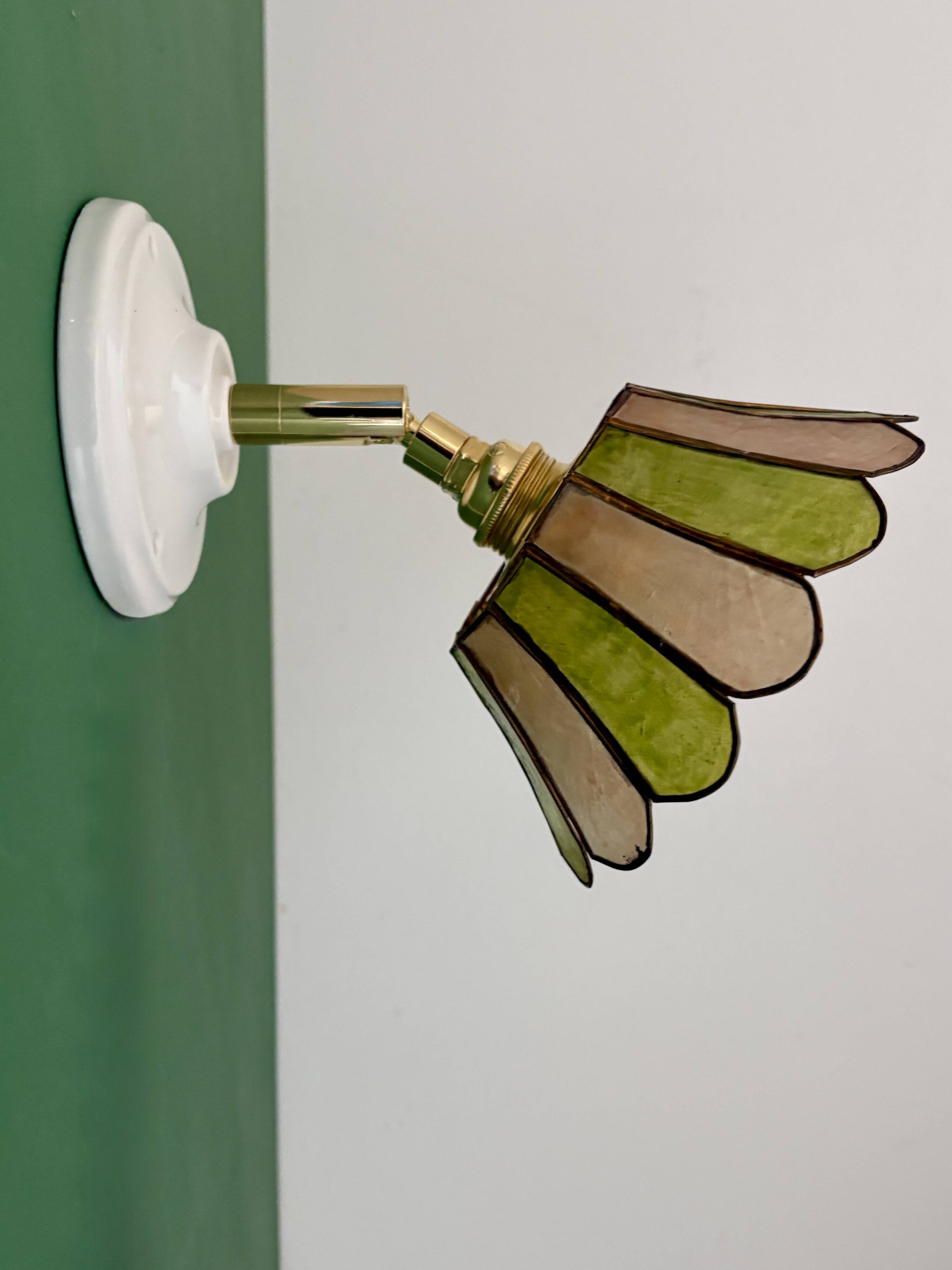Vintage wall lamp with a green and pink mother-of-pearl lampshade