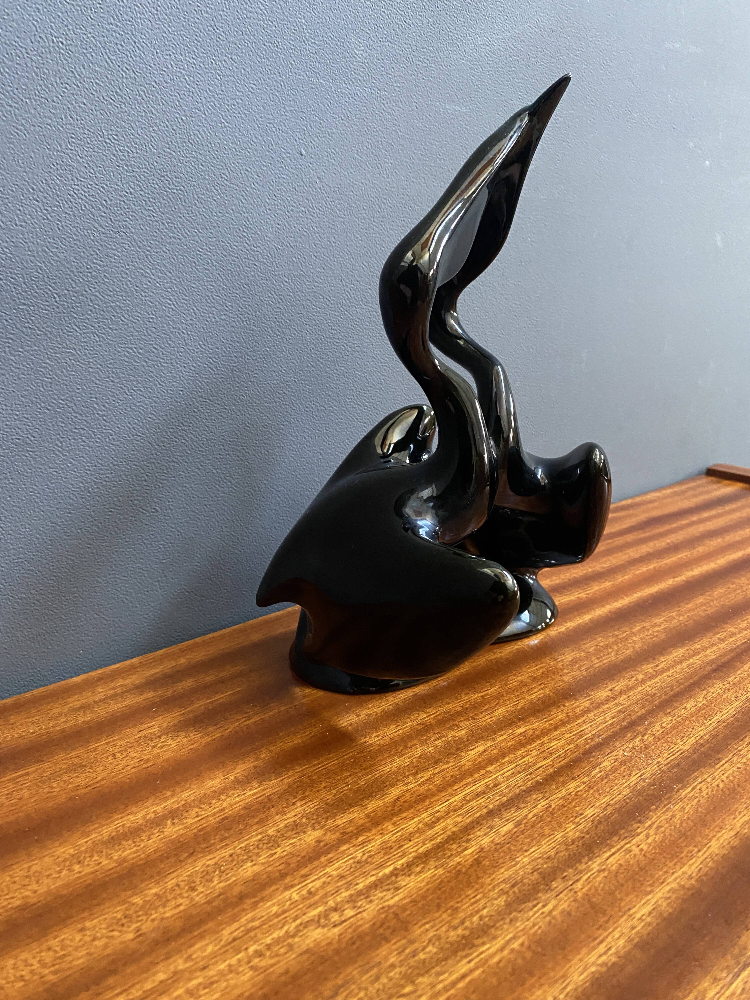 Black ceramic figurine of 2 Pelicans by Miroslav Smutny 1960s