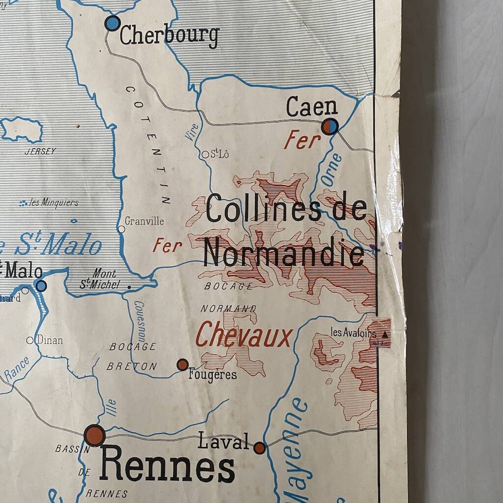 Vintage school map 1950 double-sided "Brittany and Normandy"