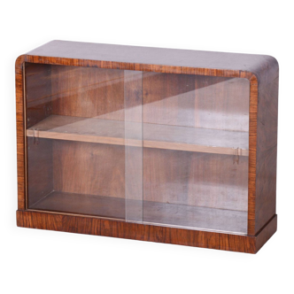 Small Restored Art Deco Display Bookcase, Walnut and Glass, Czech, 1930s