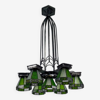 Important lustre en fer forgé, Art Deco Gothique, France, Circa 1920