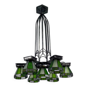 Important wrought iron chandelier, Art Deco Gothic, France, Circa 1920