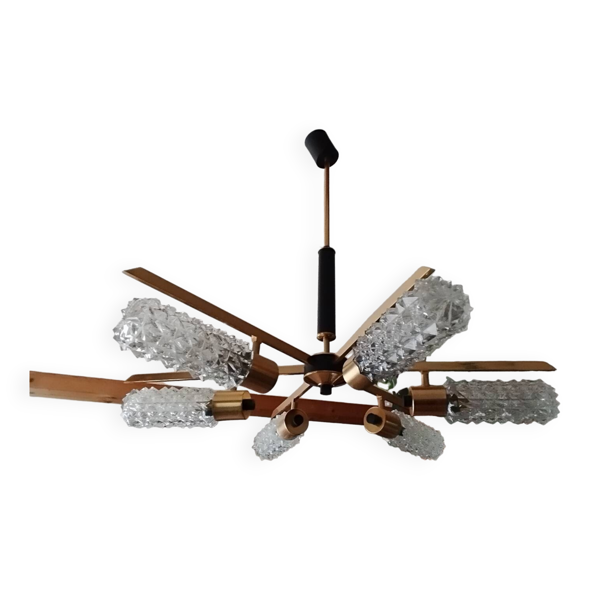 Arlus vintage brass and glass chandelier 6 lights