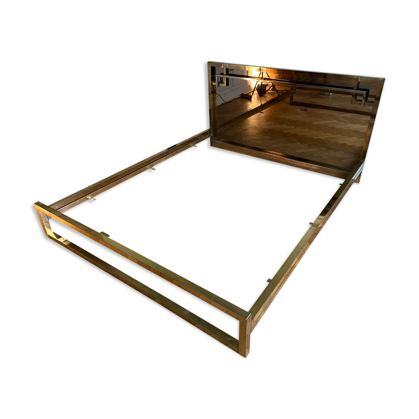 Belgo Chrom bed in gold metal and bronze mirrored headboard, 1970