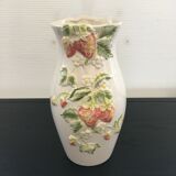 Vase decorated with strawberries in slip