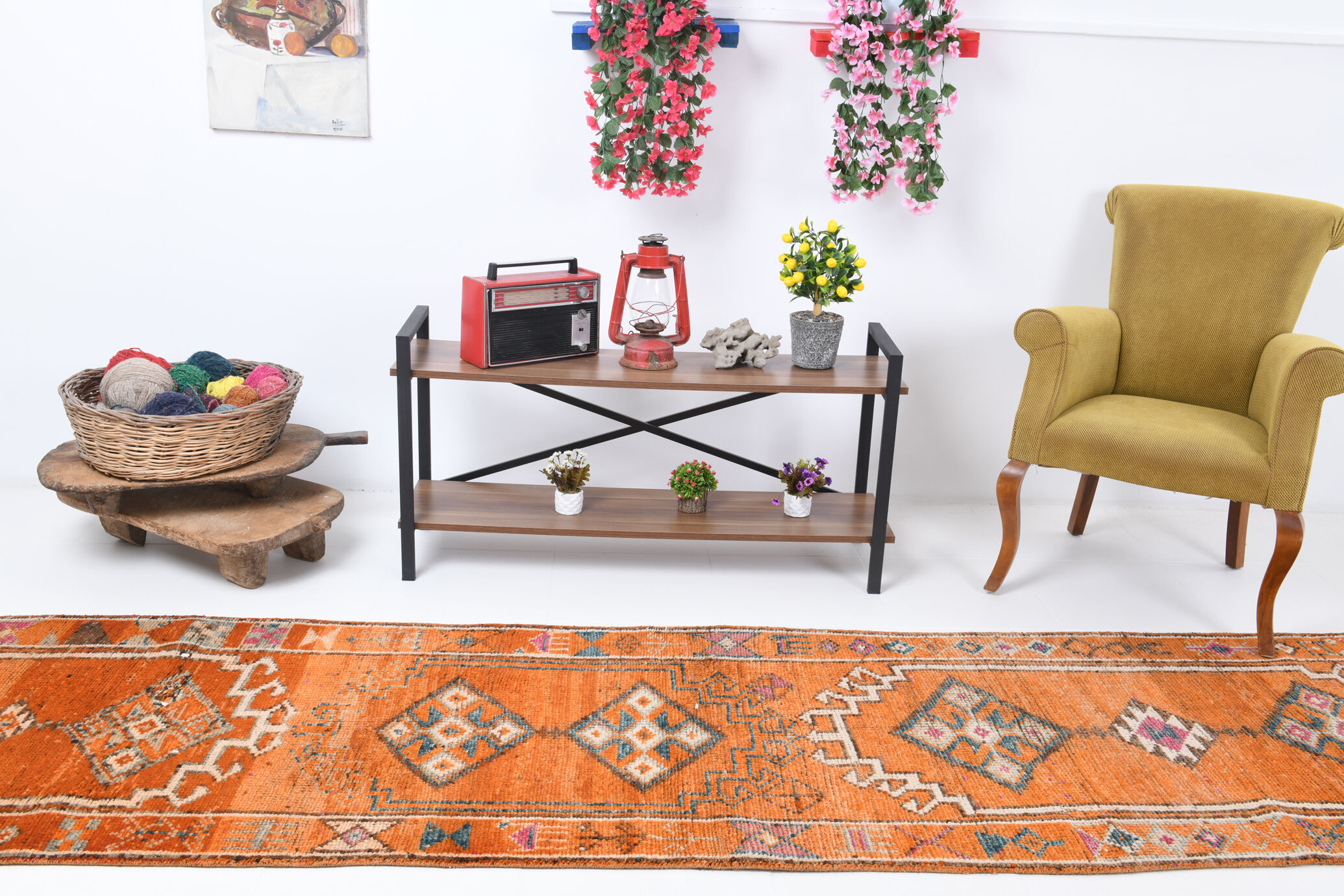 3x12 orange & beige long turkish vintage runner rug 387x87cm