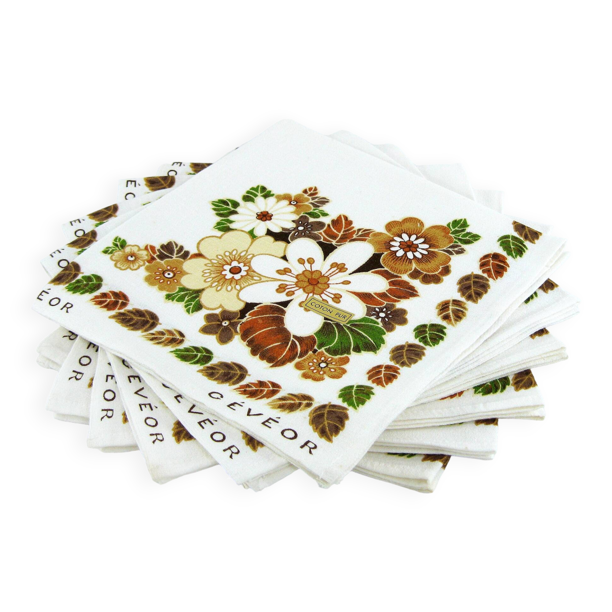 6 cotton napkins - brown and green floral pattern - Gévéor France - vintage 70s