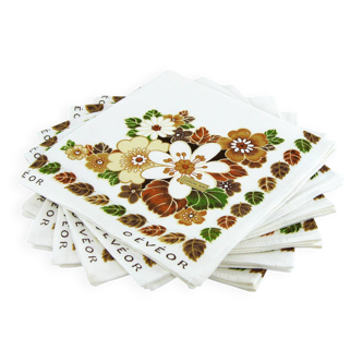 6 cotton napkins - brown and green floral pattern - Gévéor France - vintage 70s