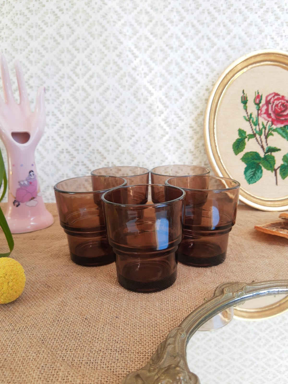 Lot de 5 verres fumés vereco empilable années 70 vintage
