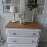 Vintage chest of drawers sublimated in pearl gray, wooden top