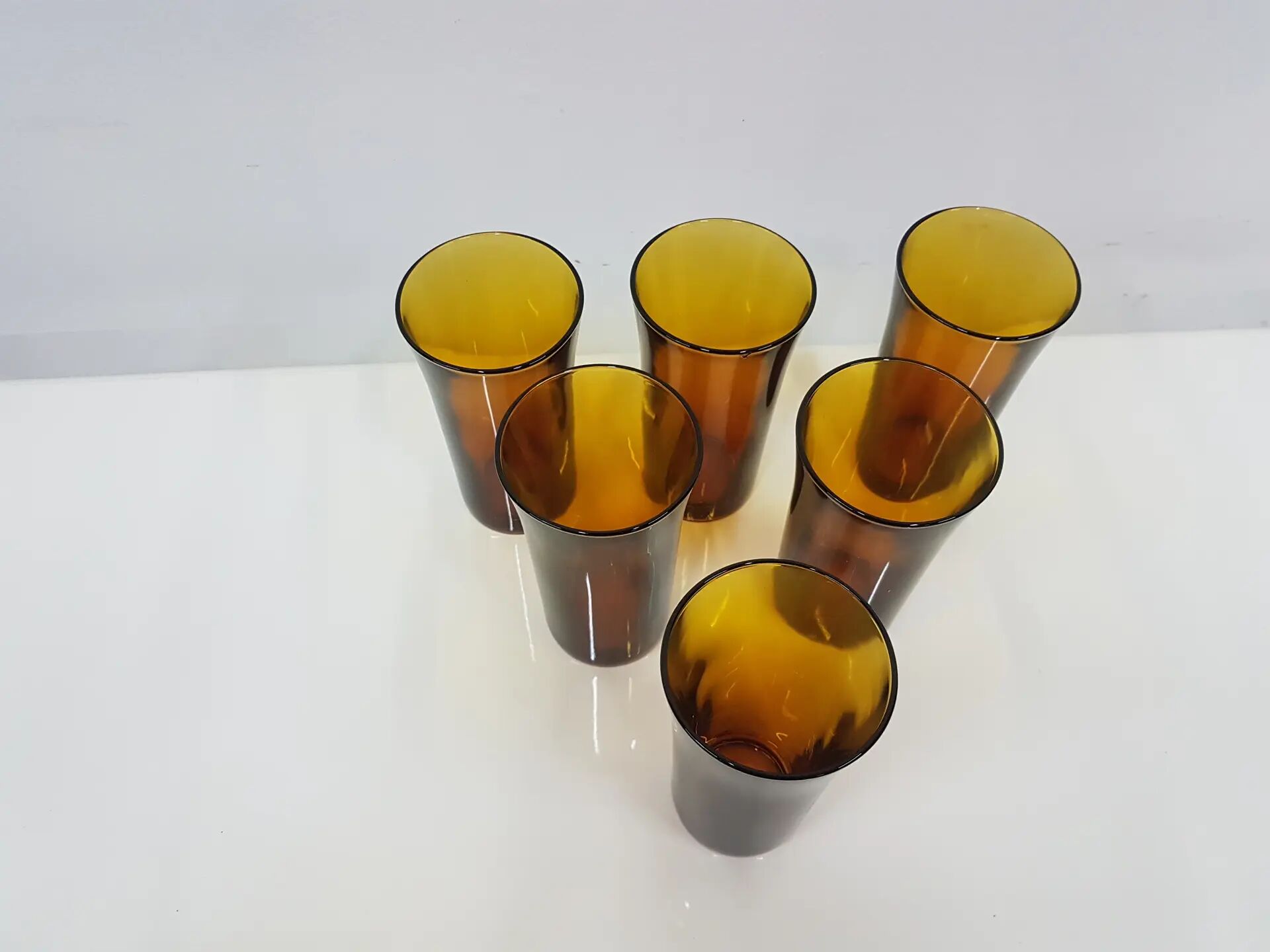 Set of six amber glass tumblers, Duralex, France, 1980s.