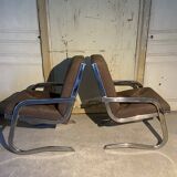 Pair of 70s designer armchairs/chairs in chrome and brown fabric