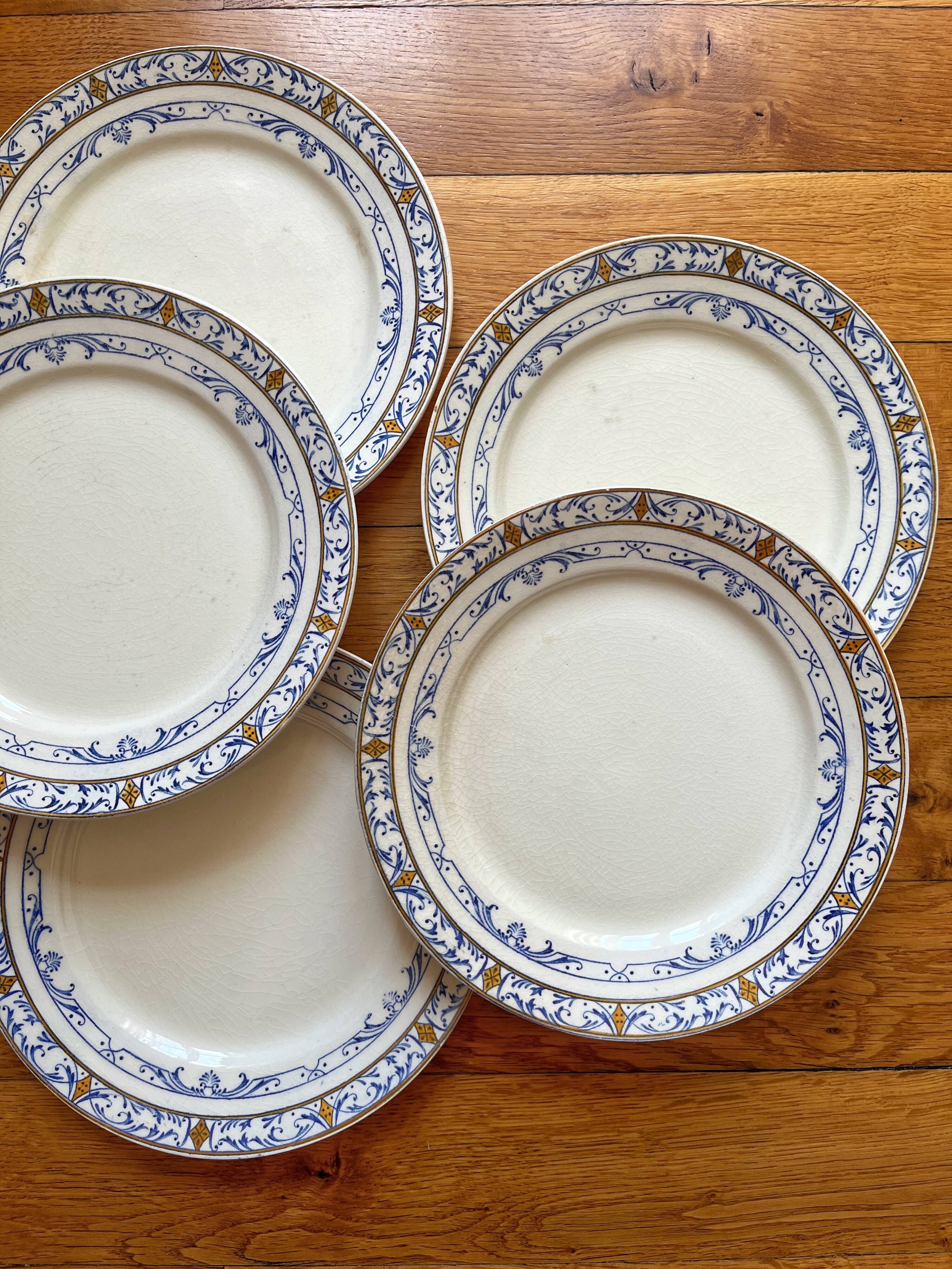 5 iron clay dessert plates Colbert, Creil and Montereau