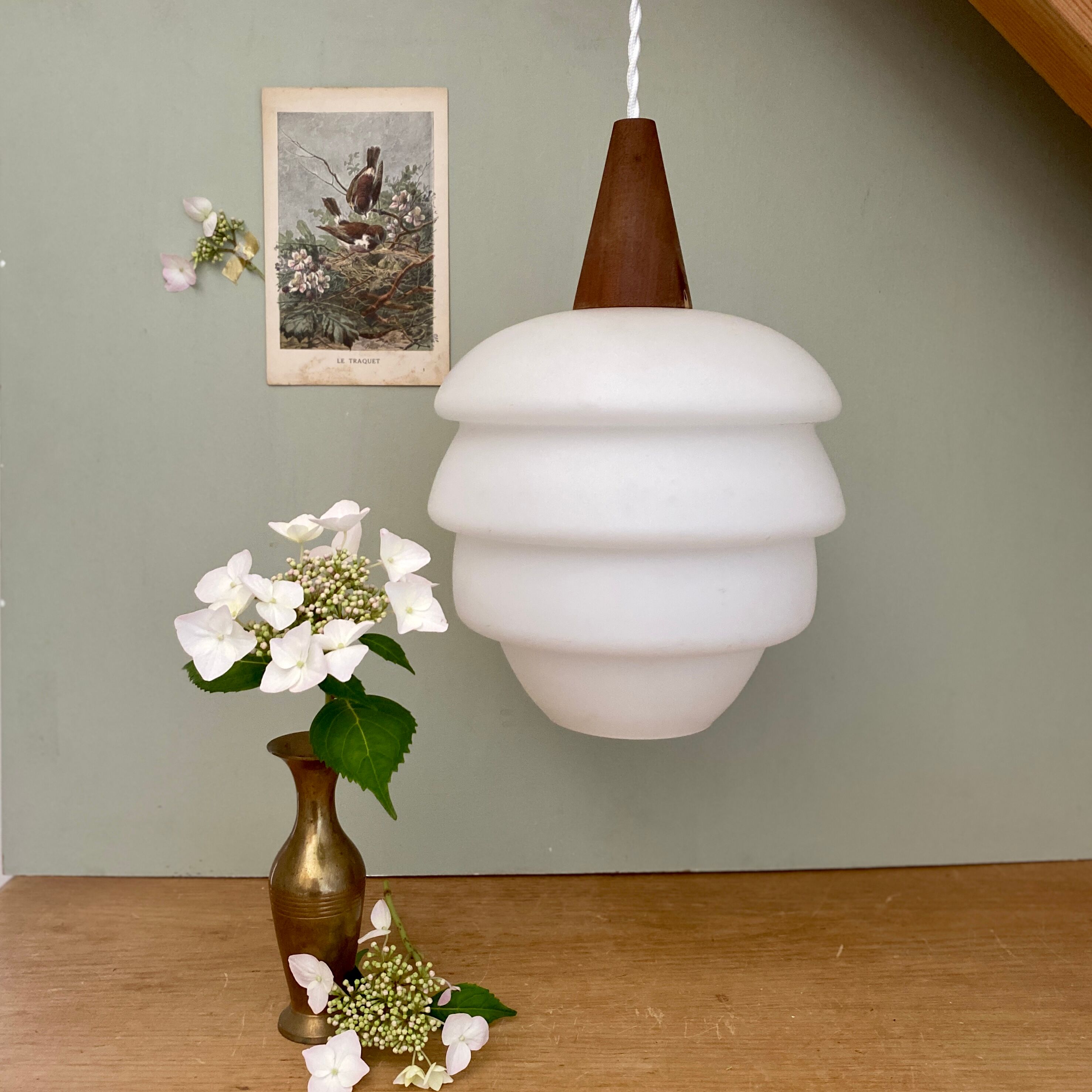 Vintage Scandinavian pendant lamp in teak and opaline