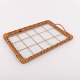 Plateau de service vintage italien en osier et verre, Italie années 1970