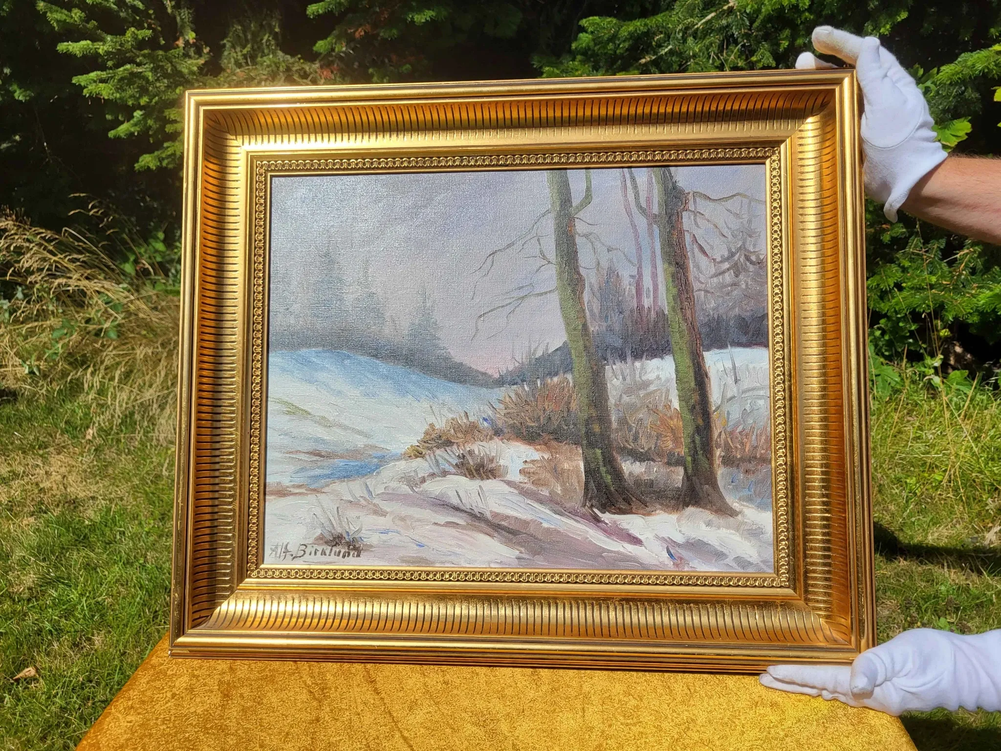 Vintage Winter Landscape with Birch Trees Oil Painting