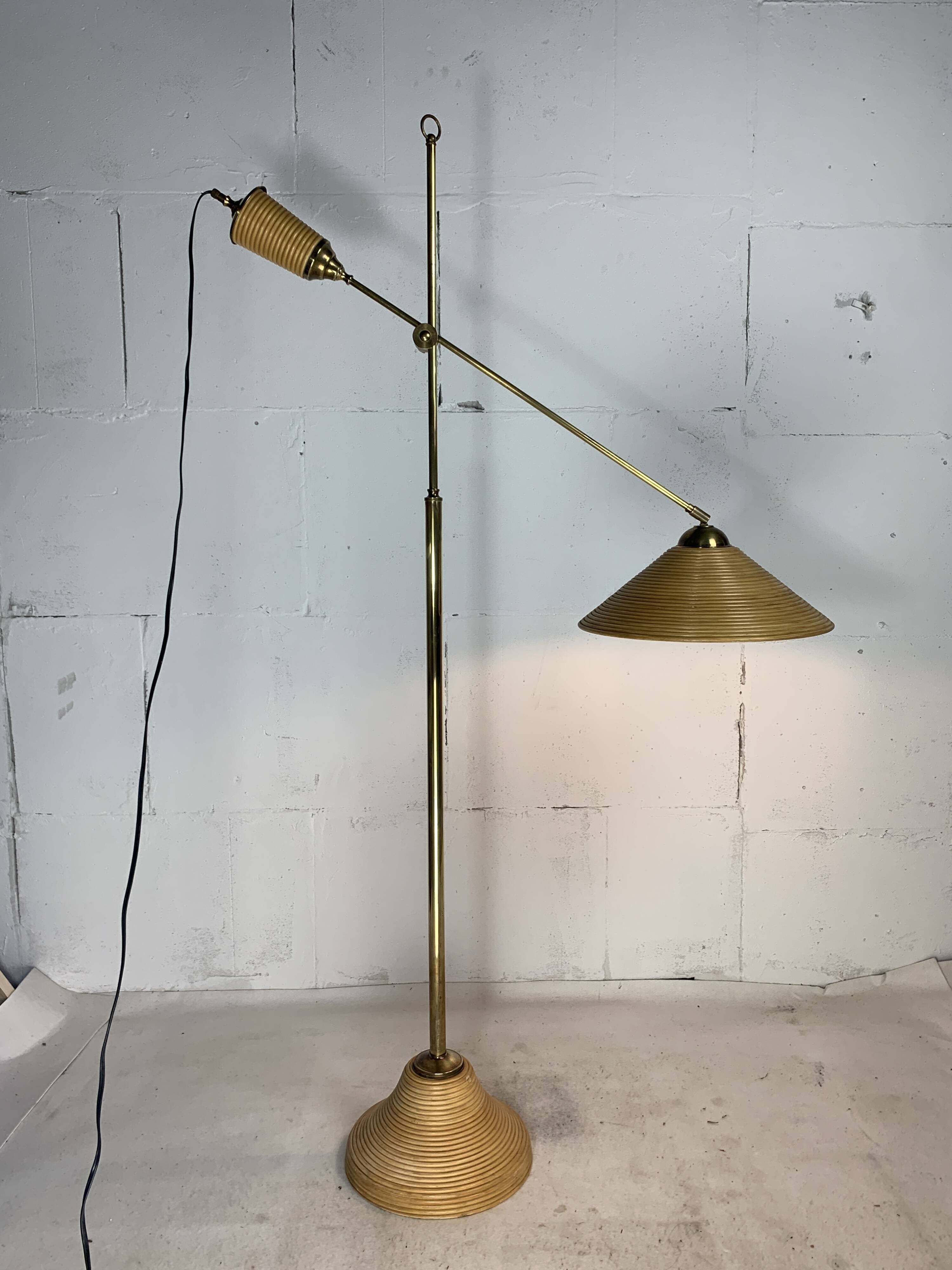 Italian adjustable floor lamp in pencil reed bamboo rattan and brass, 1970s