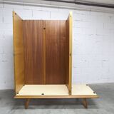French wardrobe with tapered legs, 3 doors, 1 mirror (27*130), and 1 drawer.