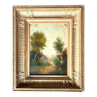 La Basse-cour , Huile sur panneau signée Girard XIXe