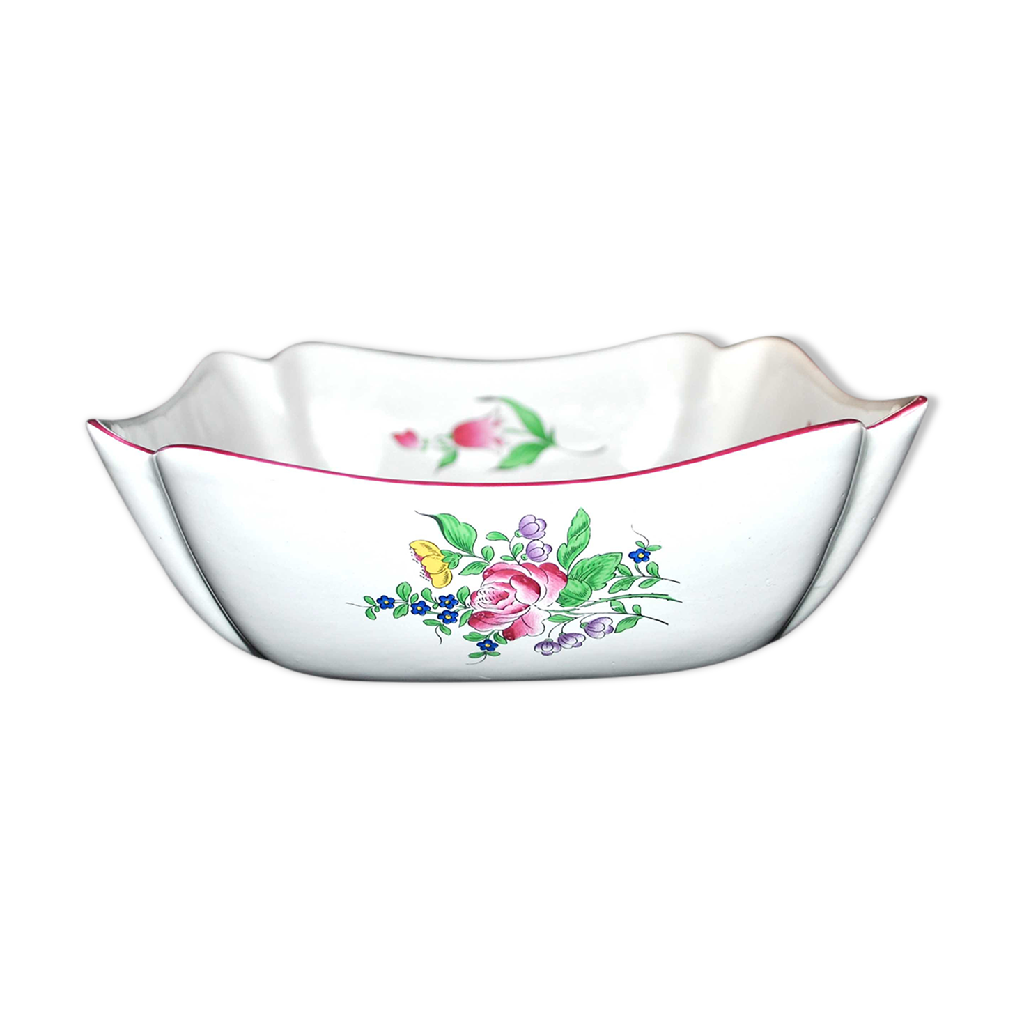 Salad bowl square cut floral vintage earthenware KG LUNEVILLE model Lamppost polychrome