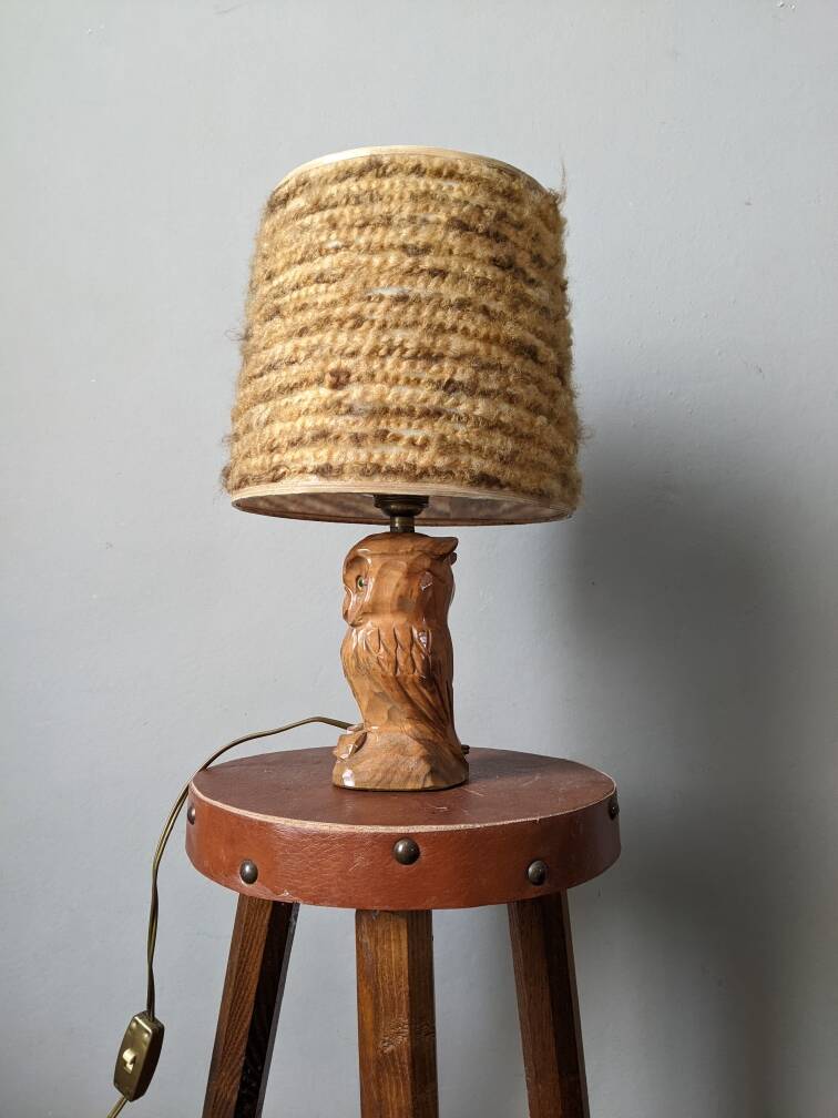 Vintage owl lamp with wool lampshade, handmade