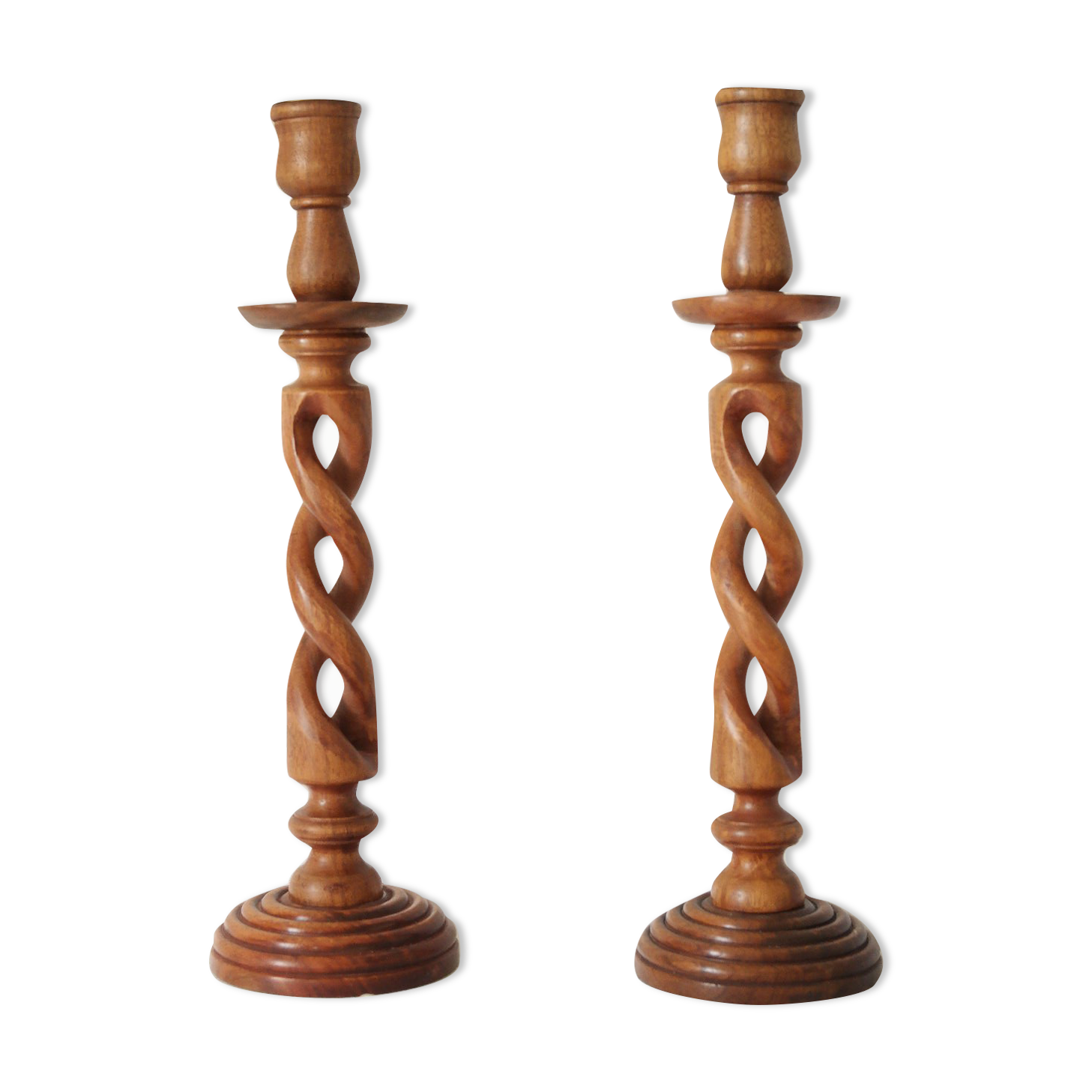 Paire de bougeoirs en bois torsadé et laiton vintage