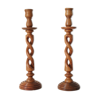 Pair of twisted wood candle holders and vintage brass