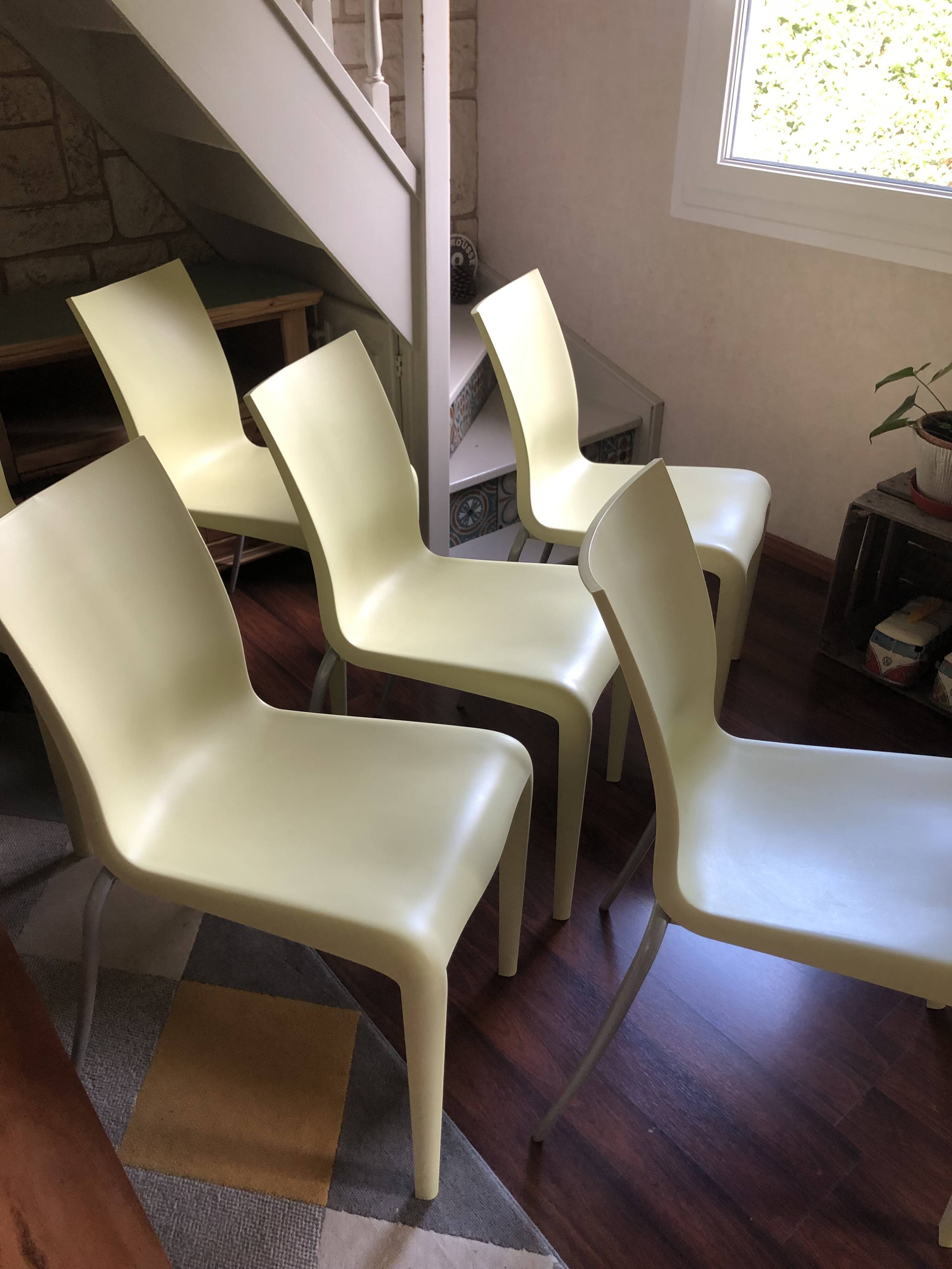 Set of 6 pale yellow vintage chairs by designer Philippe Starck.