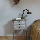 Pair of patinated bedside tables. Three drawers. End tables.