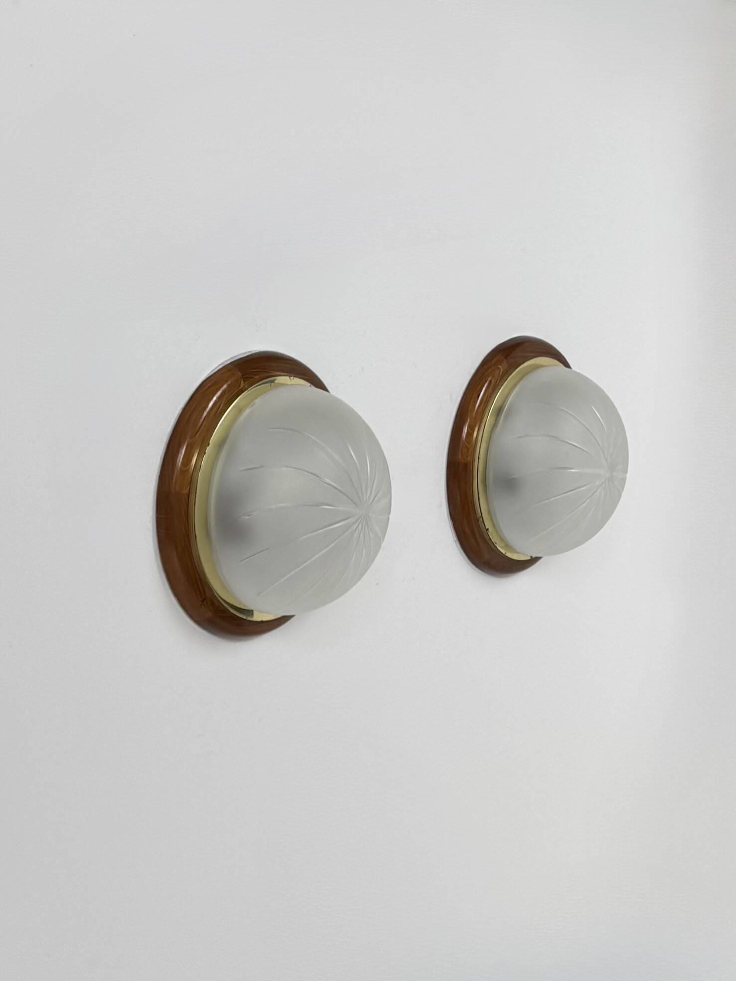 Pair of vintage wall lights, wood, brass and frosted glass, France, 1970.