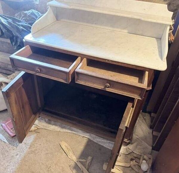 Ancien meuble de toilette en bois et marbre blanc, 2 portes et 2 tiroirs