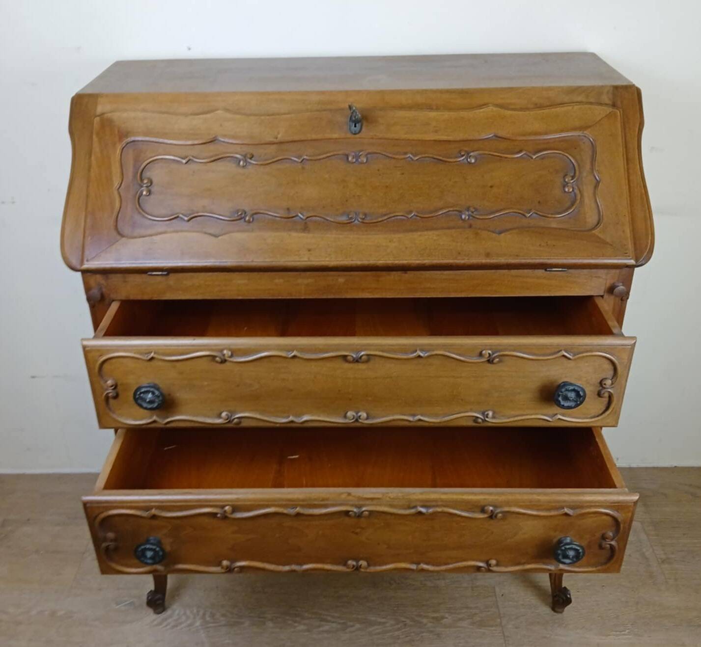 Louis XV Baroque scriban chest of drawers in solid wood, 20th century