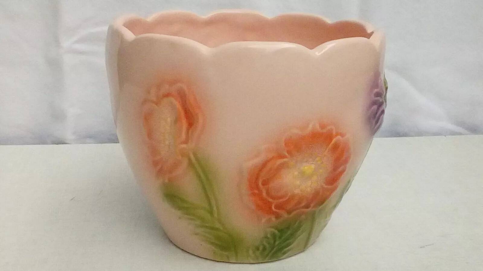 Barbotine earthenware planter with poppy flower decor