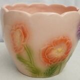Barbotine earthenware planter with poppy flower decor