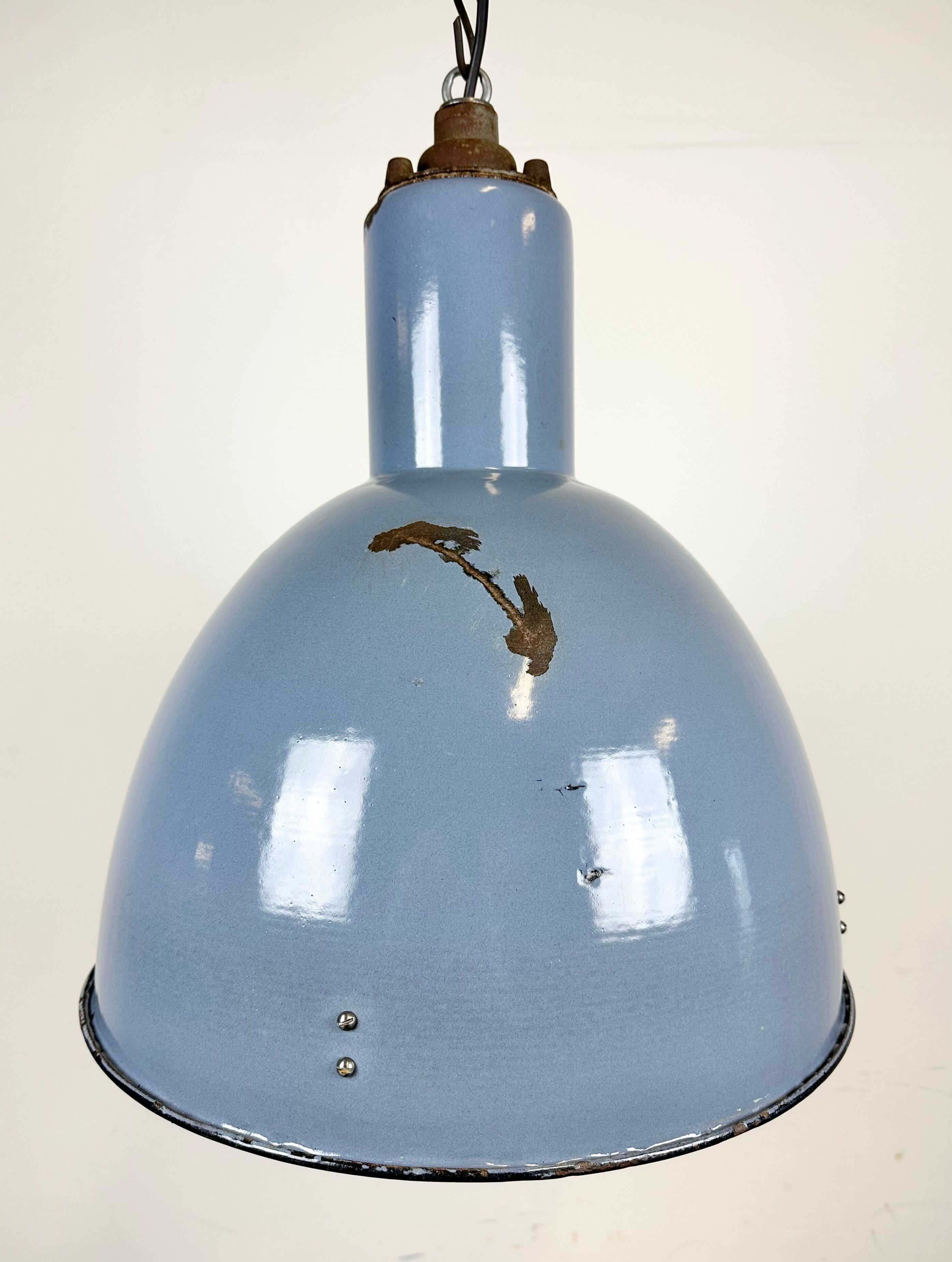 Bauhaus blue enamel industrial pendant lamp, 1950s