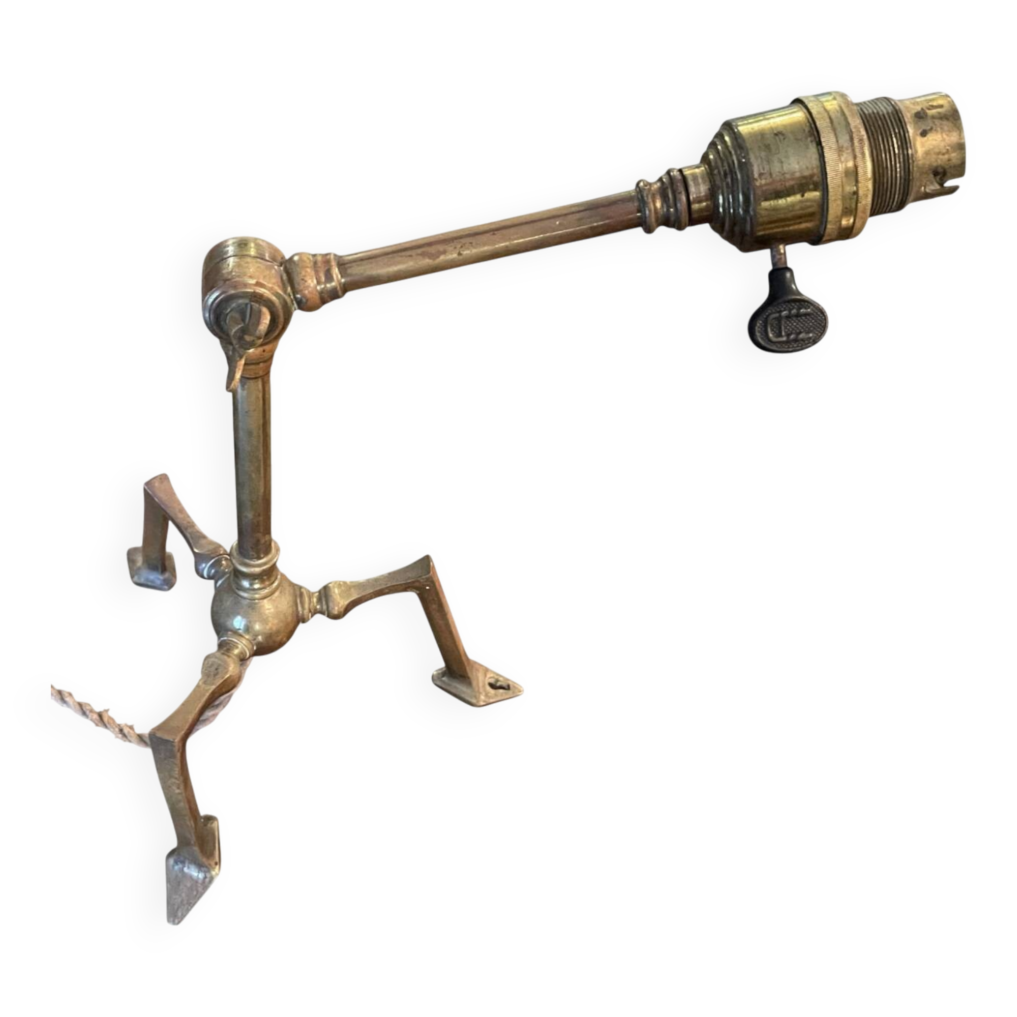 Rare articulated tripod base table lamp in gold-plated brass