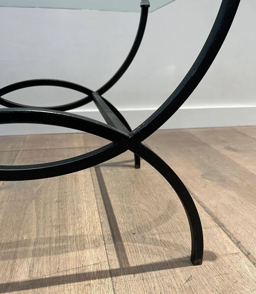 Pair of Black Lacquered Wrought Iron and Glass Side Tables, French Work