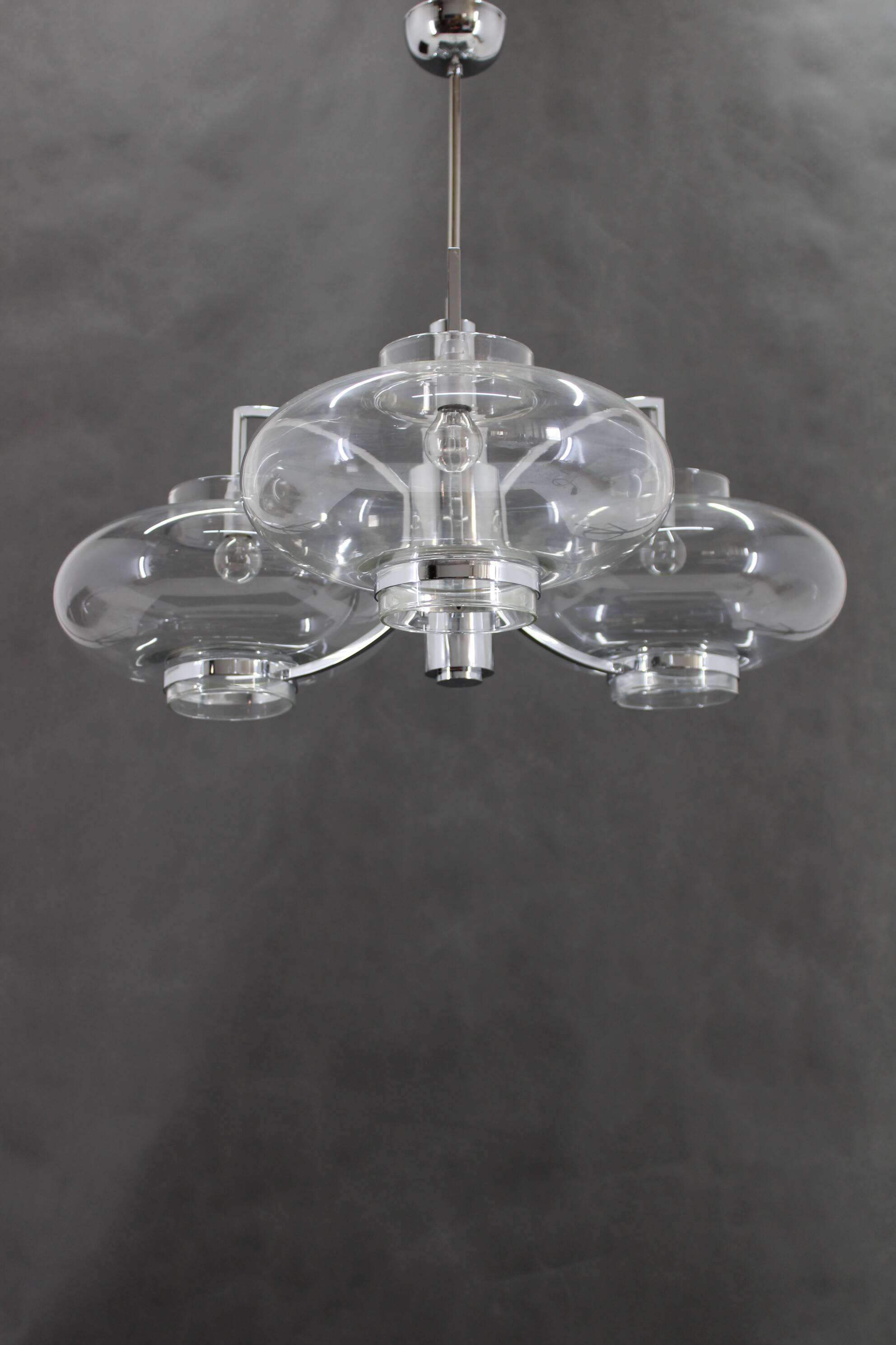 1970s Italian Chrome Plated and Glass Chandelier