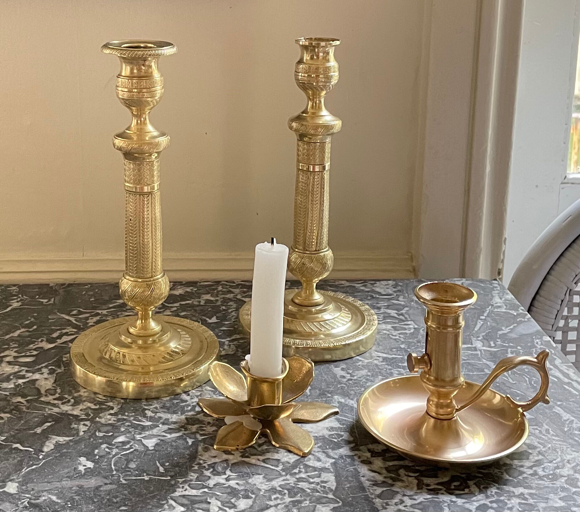 Pair of torch candle holders in chiseled gilded bronze XIXEME