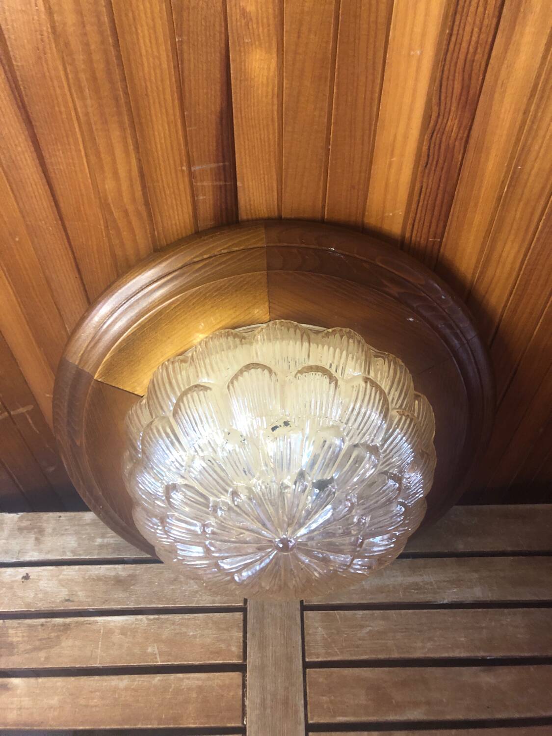 Old golden molded glass pendant light + vintage wood contour #a378