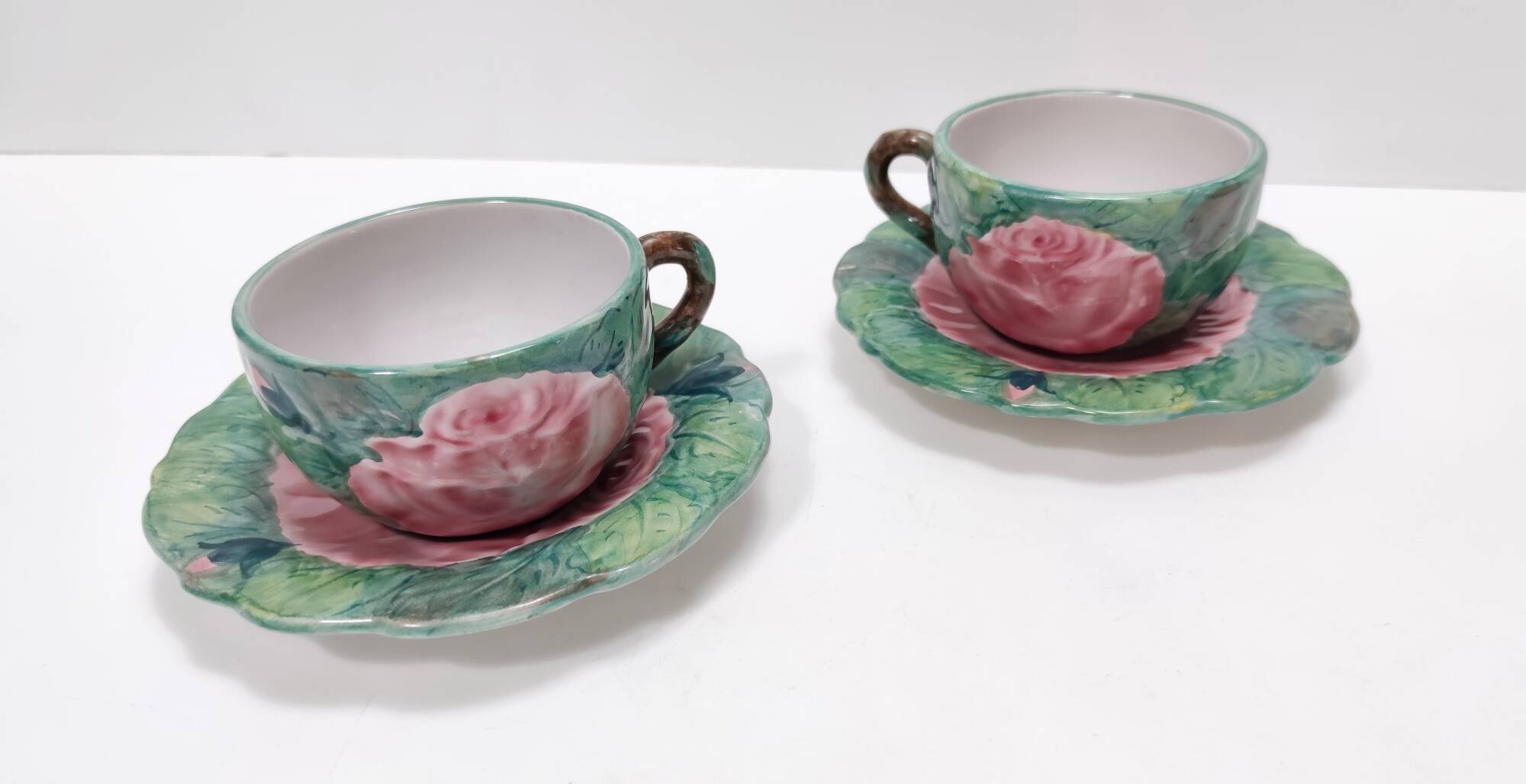 Pair of Green Earthenware Tea /Coffee Cups with Floral Motifs by Zaccagnini