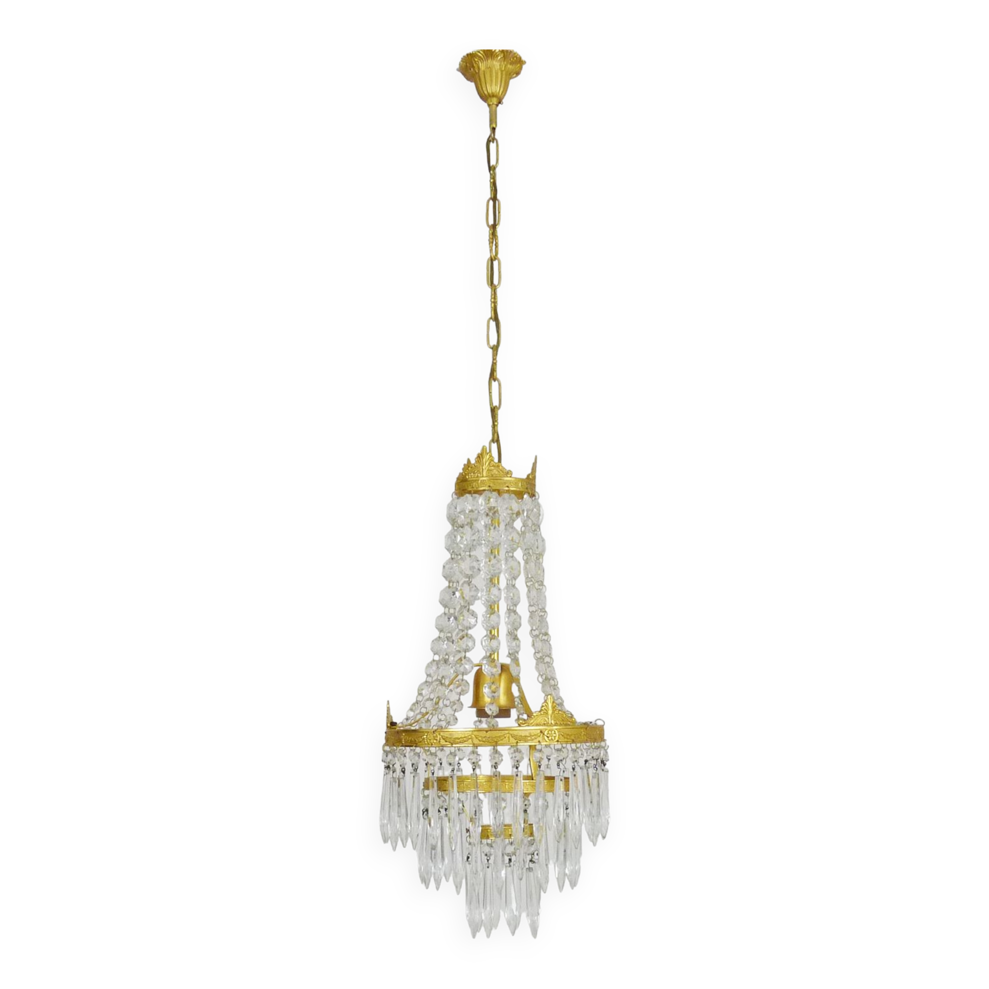 Old balloon chandelier with three floors, glass tassels. 50s 60s