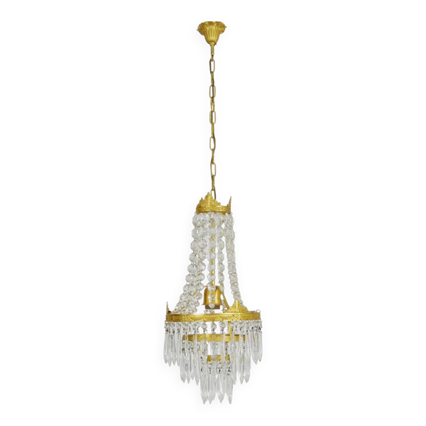 Ancien lustre montgolfière à trois étages, pampilles en verre. Années 50 60