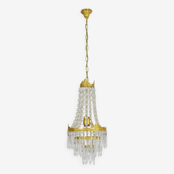 Old balloon chandelier with three floors, glass tassels. 50s 60s