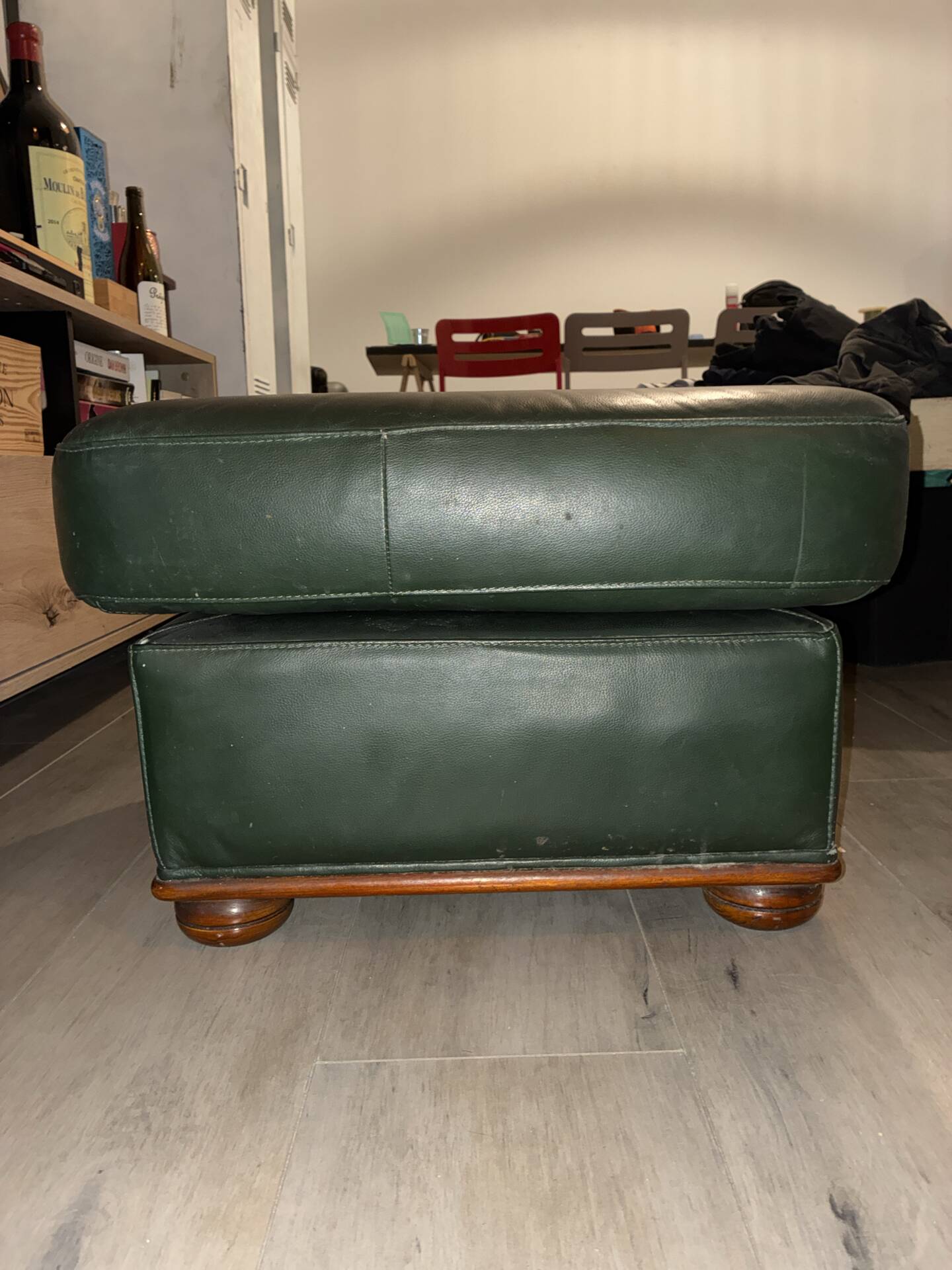 Vintage Green Bottle Leather Pouffe Footstool – 70s/80s