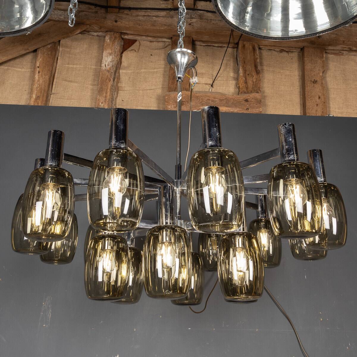 20thC ITALIAN CHROME & SMOKED GLASS EIGHTEEN LIGHT CHANDELIER c.1970