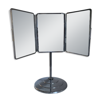 Miroir vintage 1940 triptyque barbier pied biseauté - 40 x 35 cm