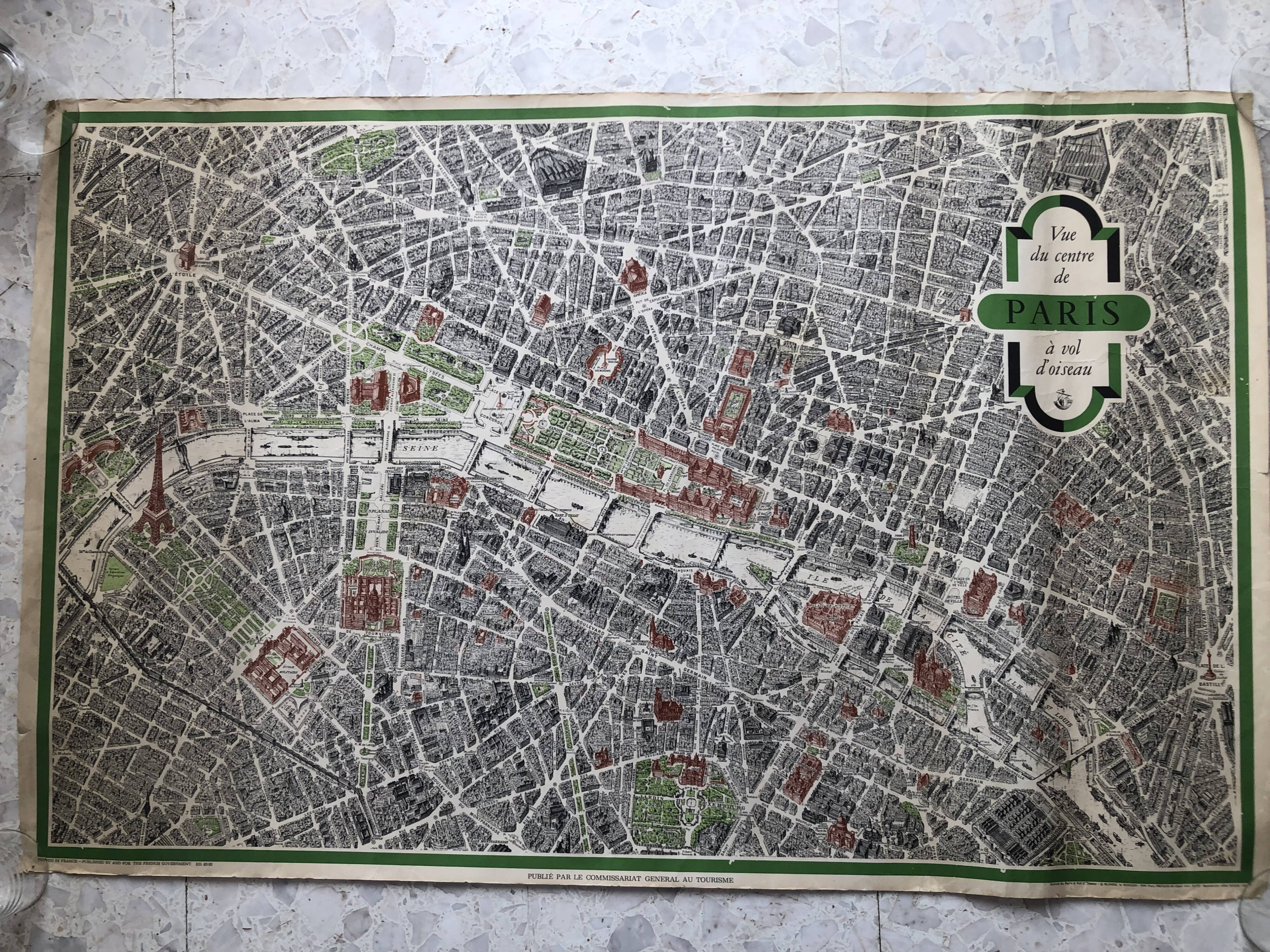 1959 map view of the center of paris from a bird's eye, n° 63 blondel la rougery, tourism commission